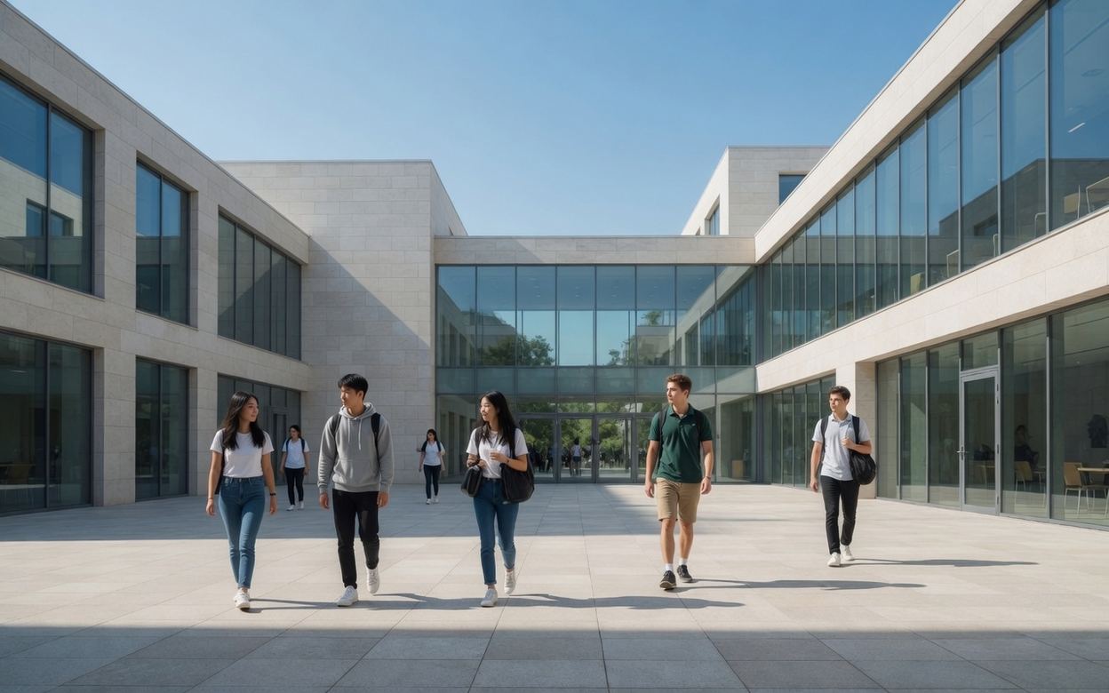Students crossing a university courtyard